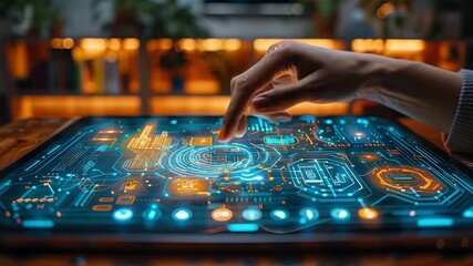 Poster - A hand touches a glowing digital interface showcasing intricate data and designs in a sleek, contemporary environment.