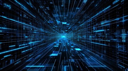 Poster - Matrix of digital binary codes - 3D rendering of a scientific technology network demonstrating connectivity, complexity, and data flood of the modern digital age