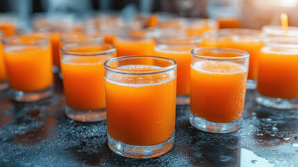 Sticker - Close-up of multiple glasses filled with orange juice on a wet surface.