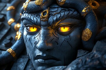 Poster - Close-up of a blue stone face with glowing yellow eyes, intricate details, and snake-like hair. Mythical and fantasy atmosphere.