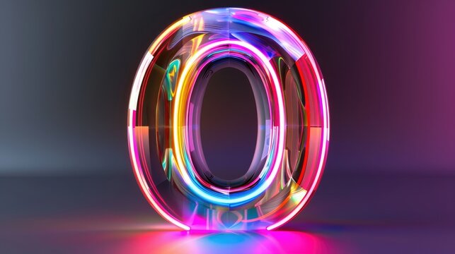 3D neon zero with colorful line in glass symbol