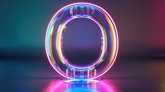 3D rendering neon number zero with glowing colorful line inside glass symbol