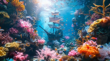 Wall Mural - Exploring the Vibrant Underwater World: Colorful Coral Reefs, Exotic Fish, and Sunken Ship Adventure