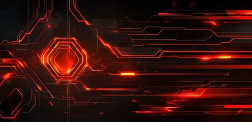 Poster - abstract tech graphic banner design with red background and lines texture.