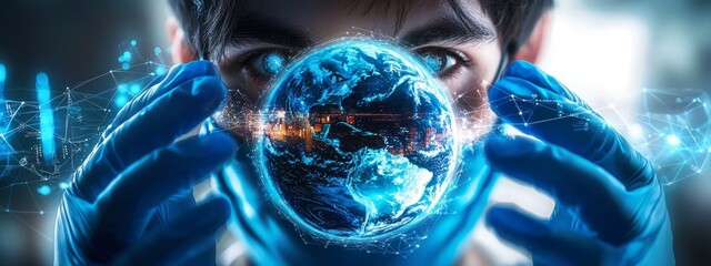 Poster - the doctor holds a virtual globe with a connection to a healthcare network. innovation technology fr