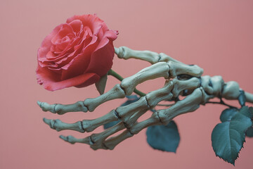 Poster - A skeleton hand holding a single red rose, set against a pastel pink background,