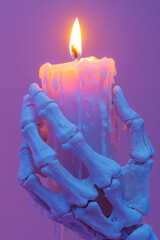 Poster - A skeleton hand gently grasping a single lit candle, isolated on a pastel lavender background,