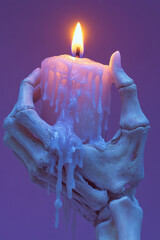 Poster - A skeleton hand gently grasping a single lit candle, isolated on a pastel lavender background,