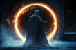 © john - a hooded figure stands before a glowing, circular portal