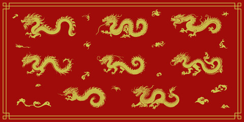 Wall Mural - set of ancient chinese dragon and abstract chinese elements.