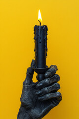 Poster - A skeleton hand holding a single black candle wick, set against a pastel yellow background,