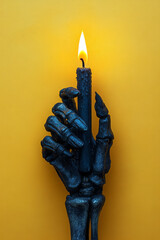 Poster - A skeleton hand holding a single black candle wick, set against a pastel yellow background,
