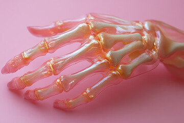 Poster - A skeleton hand gently holding a single lock of golden hair, against a pastel pink background,