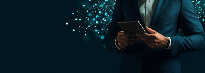 Aufkleber - Using a mobile phone computer to manage marketing and commercial data in cyber space, a businessman uses commercial media data in a digital world metaverse.