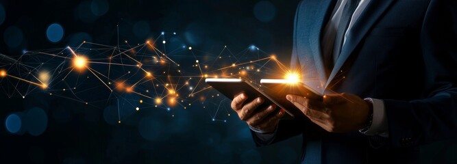 Aufkleber - Cyberspace digital world metaverse background, businessman's hand using mobile phone computer to manage business marketing sale commercial media data