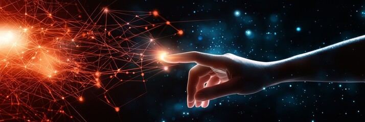 An image of a woman's hand touching a metaverse universe. Conceptual image for the next generation of technology.