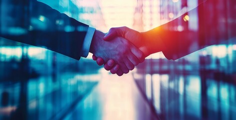 Poster - As a result of a successful investment deal, a handshake is exchanged by two businessmen after finishing a meeting. This shows that financial, marketing, and teamwork have been achieved.