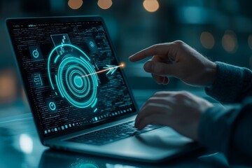 Poster - The businessman analyzes the financial balance sheet of the company using digital augmented reality graphics. He calculates the numbers for long-term investments.