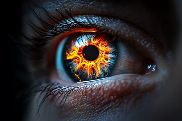 Poster - Close-up of a human eye with fiery iris, showcasing intense colors and intricate details for themes of vision, intensity, and surreal beauty.