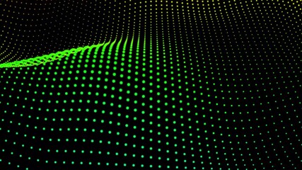Poster - Green lights field, abstract technology design, fantastic dot wave neon glowing dots halftone pattern on black, 3D render illustration background.