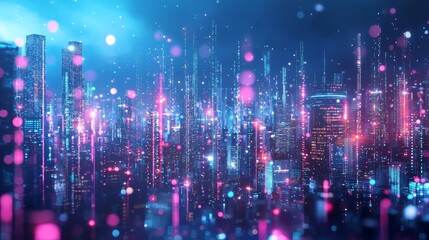 Poster - Skyline of a futuristic city. Big data, stock, Internet of things. 3D rendering.