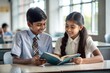 © N7 - 'Indian Boy and Girl Sharing a Book in Class' - Two Indian students, a boy and a girl, sharing a book while studying together in class.