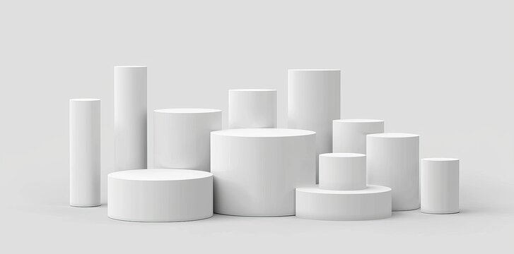A modern set of realistic isolated podium platforms on a white background for product placement and display.