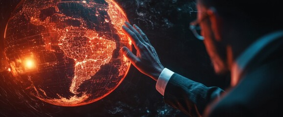 Aufkleber - an investor touching graph data growth on a global business network, analyzing investment risk and p