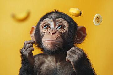 Wall Mural - A confused monkey, scratching its head, as it sees a floating banana, isolated on a pastel yellow background,