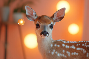 Wall Mural - A surprised deer, wide-eyed, looking at a glowing orb hovering above it, set against a pastel peach background,