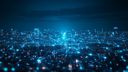 Poster - In this digital art 3D illustration, cables send digital data over spectacular cyberpunk skyscrapers over glowing cable webs.