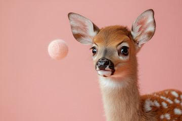 Wall Mural - A surprised deer, wide-eyed, looking at a glowing orb hovering above it, set against a pastel peach background,