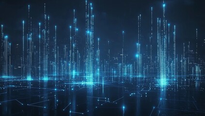 Poster - In this digital art 3D illustration, we visualize the concept of high-speed internet connection as glowing cable webs transmitting digital data across a spectacular cyberpunk cityscape with