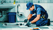 © starush - A man in blue uniform fixing a broken toilet with pliers, AI