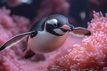 Canvas Print - A bewildered penguin, looking down at a fish swimming through the air, set against a pastel coral background,