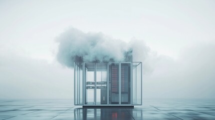 Poster - a modern server room surrounded by fog on a reflective surface