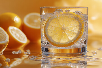 Poster - A glass of water with a slice of lemon, symbolizing hydration, isolated on a pastel yellow background,