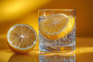 Poster - A glass of water with a slice of lemon, symbolizing hydration, isolated on a pastel yellow background,