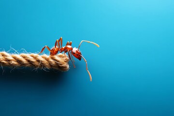 Aufkleber - Close-up of a red ant on a rope against a blue background, highlighting its intricate details and vibrant color.
