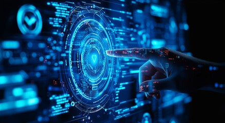 Poster - A businessman's hands-on experience with virtual screens, application technology, global business internet connections and digital marketing. High-end banking and financial digital connections