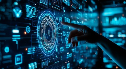 Poster - The businessman's hand experience with virtual screens, application technology, global business internet connection, and digital marketing. The finance and banking industries use digital connection