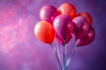 Poster - A cluster of vibrant balloons tied together, floating on a pastel lavender background,
