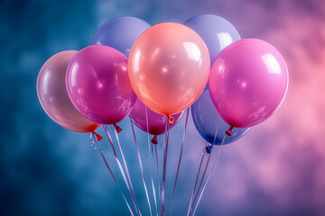 Poster - A cluster of vibrant balloons tied together, floating on a pastel lavender background,