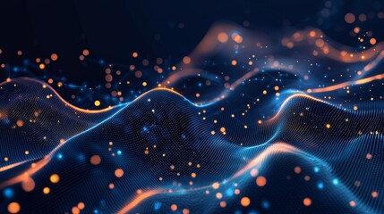 Poster - A dark background shows abstract digital network waves and glowing blue and orange particle data.