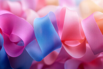 Poster - A cluster of multicolored streamers curling down, set against a pastel lavender background,