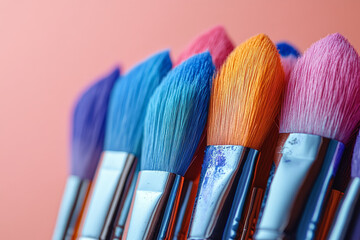 Aufkleber - A set of vibrant paintbrushes dipped in different colors, isolated on a pastel peach background,