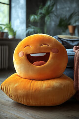 Aufkleber - A laughing emoji pillow, set against a pastel coral background,