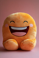 Poster - A laughing emoji pillow, set against a pastel coral background,