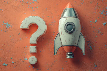 Aufkleber - A question mark with a tiny rocket ship, symbolizing curiosity about space or exploration, isolated on a pastel coral background,