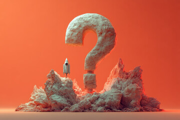 Poster - A question mark with a tiny rocket ship, symbolizing curiosity about space or exploration, isolated on a pastel coral background,